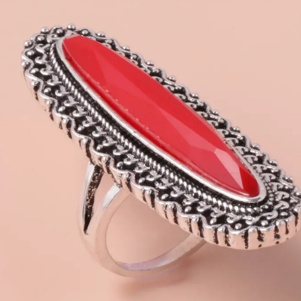 Silvertone Red Inlay Ring - Picture 3 of 4